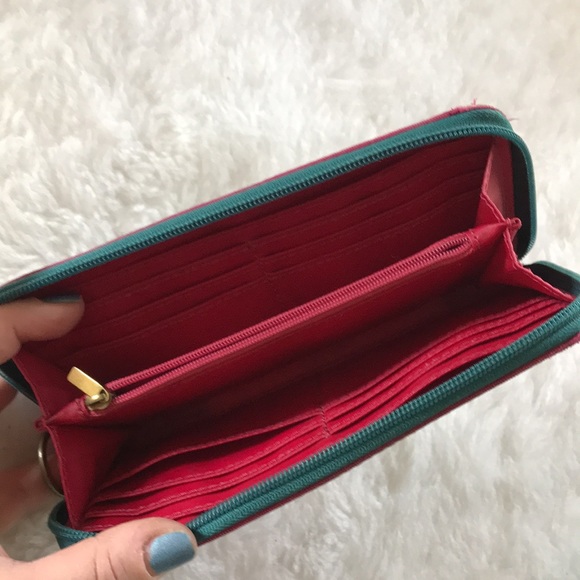 FOSSIL zip around coated canvas wallet teal pink - Picture 4 of 14